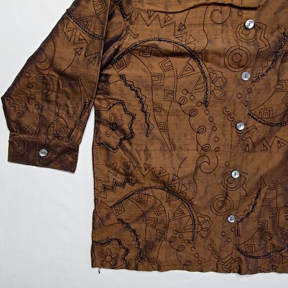 Vintage Bleu Bayou Silk Shirt Embroidered Small Brown Beaded Blouse 90s - Picture 2 of 14